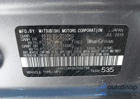 2019 Mitsubishi Eclipse Cross Es из США, поврежденный, VIN JA4AS3AA5KZ002794